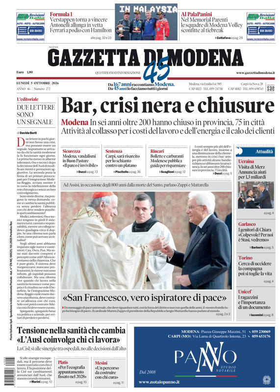 Gazzetta di Modena front page, 5 October 2026. Headline: Bars in crisis, closures and shutdowns.
