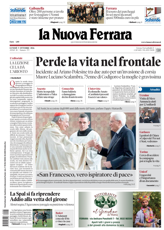 Capa do La Nuova Ferrara de 5 de outubro de 2026. Manchete: Perde a vida em colisão frontal.