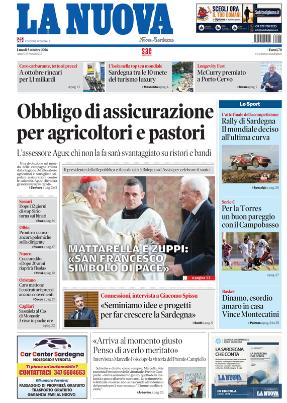 Portada de La Nuova Sardegna del 5 de octubre de 2026. Titular: Obligación de seguro para agricultores y pastores.